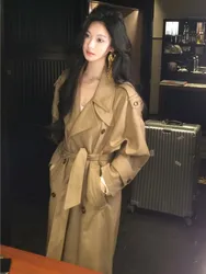 Korea Style Long Trench With Belt Women Solid Turn-Down Collar Fashion Single Breasted Slim Coat Female Elegant Clothes Autumn