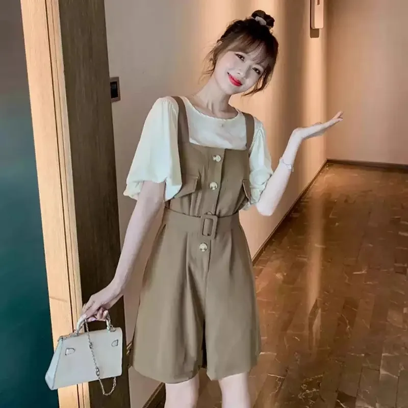 

Модный летний женский рабочий комбинезон с коротким рукавом и шортами, комплект из двух предметов, подходит для маленьких размеров, удобный комплект