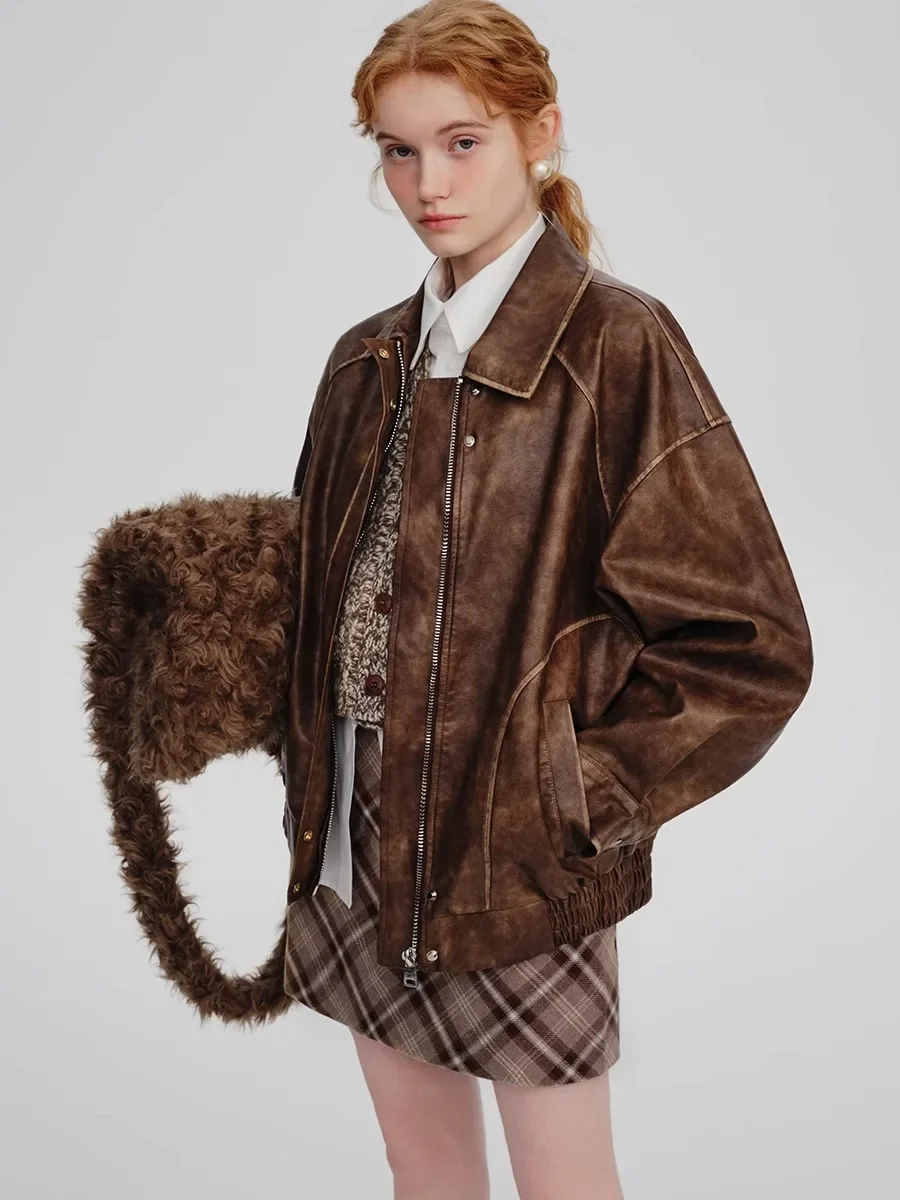 Leather Jacket Sweet Cool Motorcycle Pu Leather Jacket Short Jacket Spring and Autumn 2025 Retro Distressed Brown