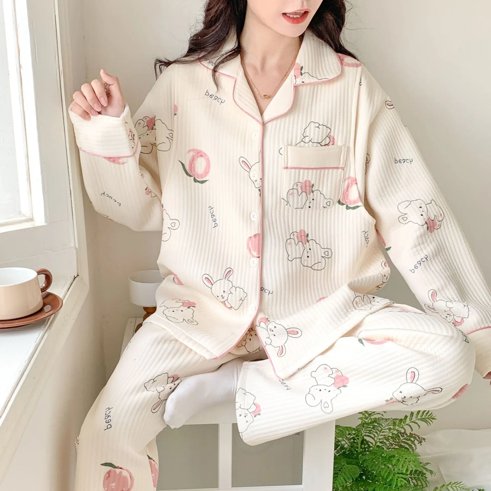 Fashion Winter Maternity Clothes Set Nursing Cardigan Long Pants Postpartum Women Pajamas Set Breastfeeding Thick Cotton Twinset