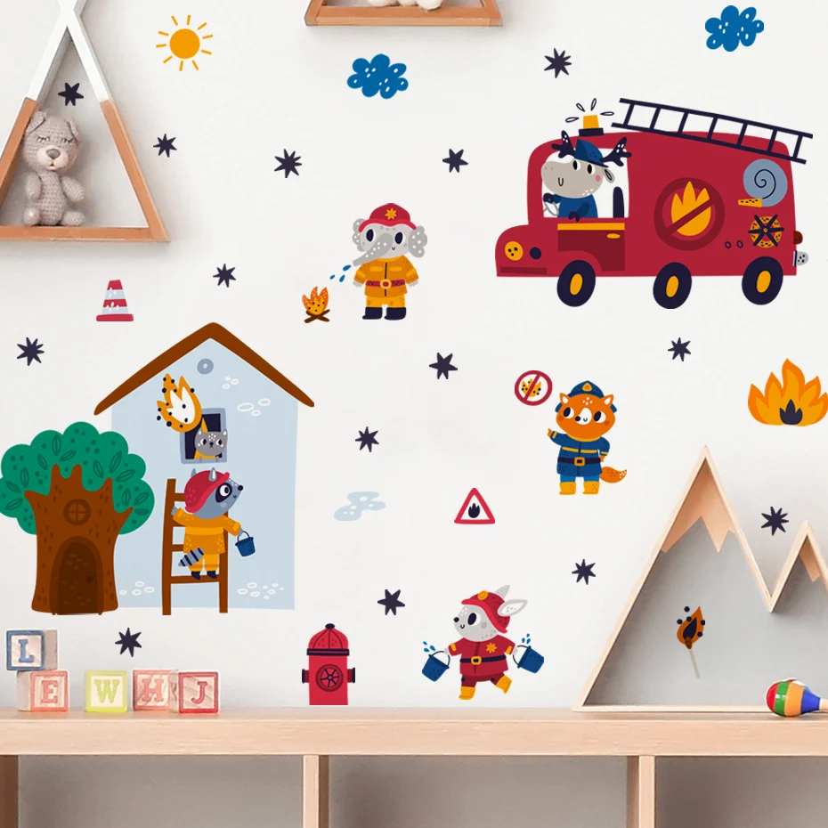 

Cartoon Animal Firefighter Rescue Theme Wall Sticker Children Nursery Boys room Kids Baby Bedroom Wall Art Home Decoration Decal