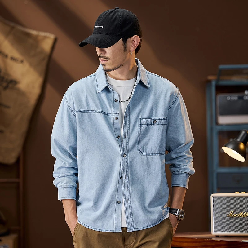 Stylish Loose Fit Denim Shirt for Men American Workwear Multi-Pocket Long Sleeve Thin Pure Cotton Casual Outdoor Shirt Jacket