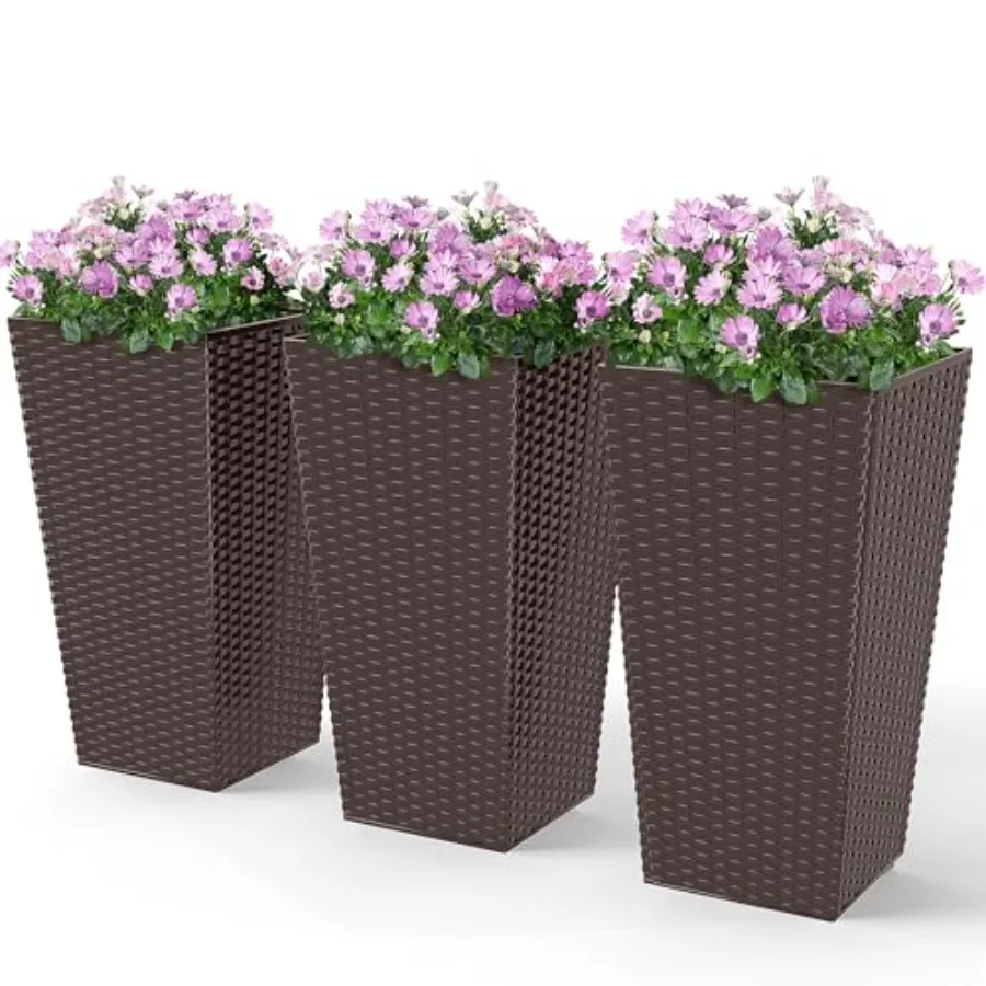 

Tall planters for outdoor plants set of 3 24 in taper rattan planters with drainage holes brown weather-resistant and stylish f