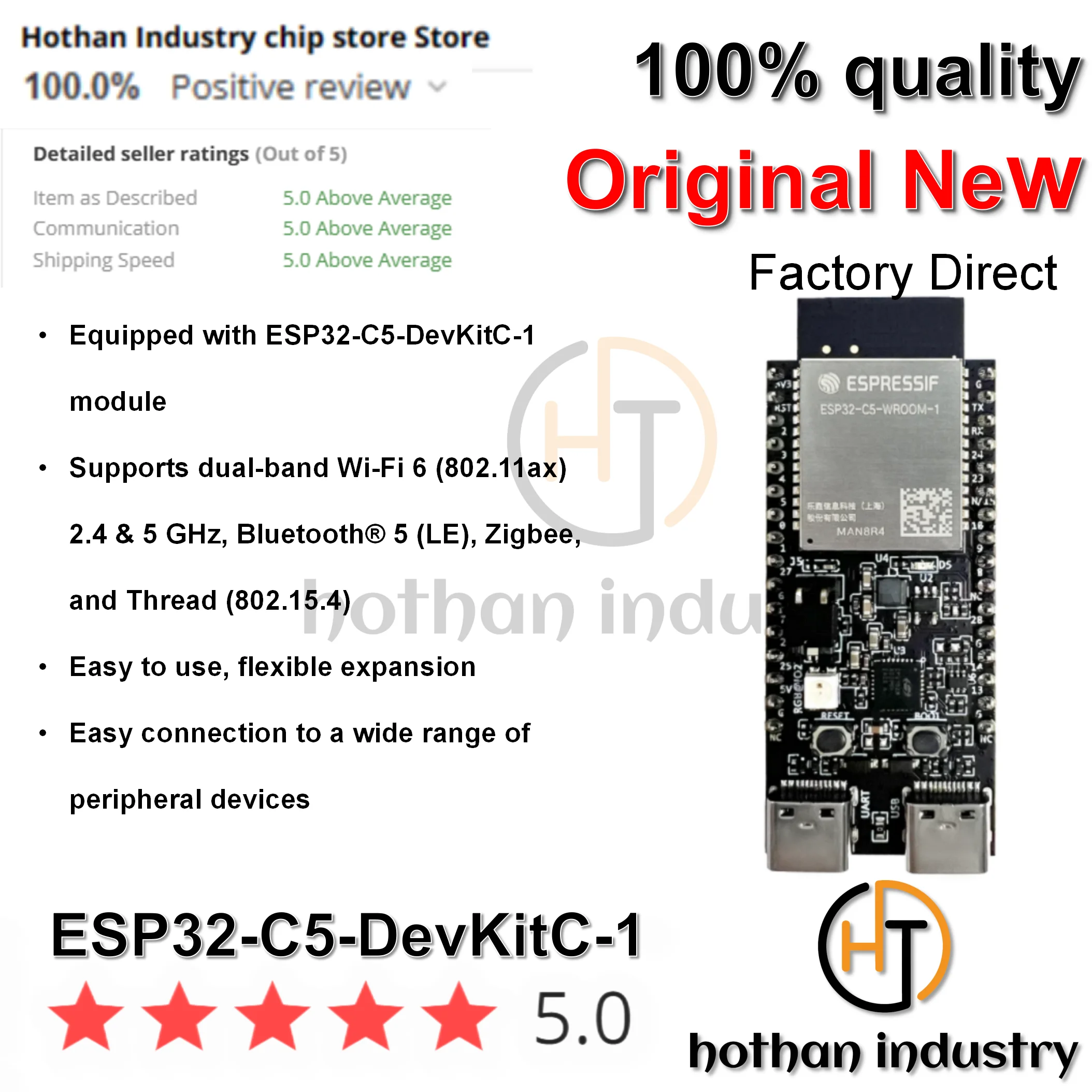 (1 PCS) 100% NOVO ESP32-C5-DevKitC-1 ESP32-C5-WROOM-1 Wi-Fi de banda dupla 6 2.4 e 5 GHz