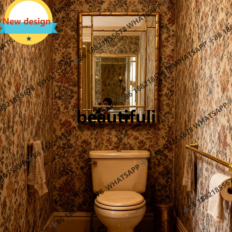 French light luxury bamboo frame bathroom mirror wall-mounted square makeup mirror dining side creative Chinese advanced b567