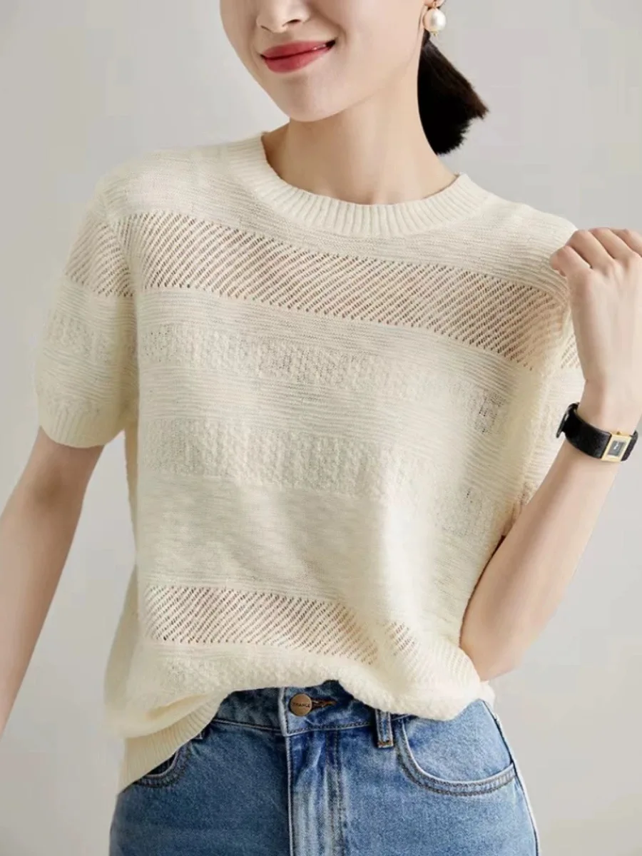 2024 New Cashmere short sleeves O-Neck hollow cashmere knit short sleeve women spring summer loose thin Cashmere short sleeves