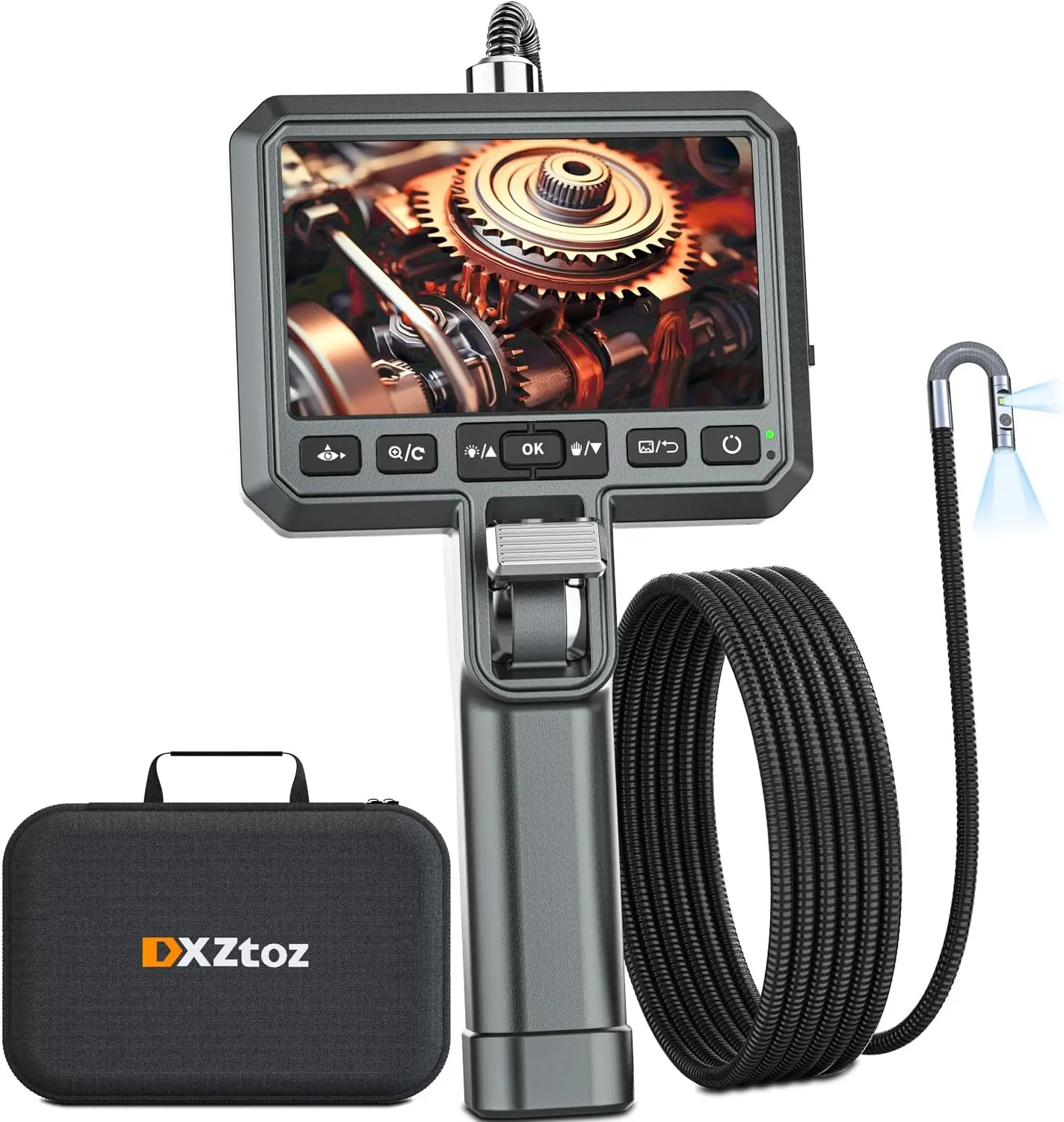 

DXZtoz Dual-Lens Articulating Borescope with Light, 6.5mm Thin Articulated Industrial Endoscope Inspection Camera, 5'' Dual Scre