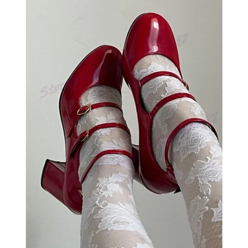 

Red Round Toe Chunky Heels Pumps Slip On Marry Janes Shoes for Women Patent Leather Elegant Party Shoes 2024 Zapatos Para Mujere