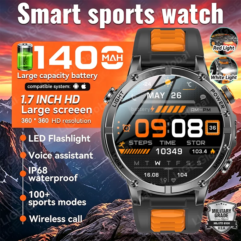 LIGE New Rugged Outdoor Smart Watch 1400mAh Battery 1.7