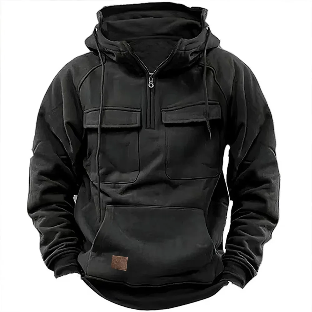 2024 Half Zipper Men\'s Tactical Hoodies Solid Warm Fleece Military Sweatshirts Multi Pockets Male Hooded Jackets Thick