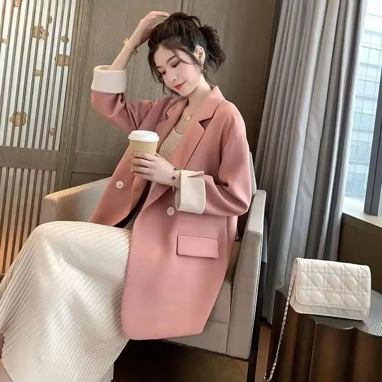 

Long Blazers Woman Chic Oversized Blazer Patchwork Pockets Double-Breasted Lapel Office Lady Autumn Outwear Blue Stylish