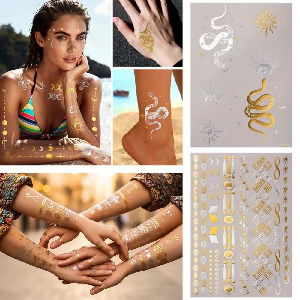Mehndi Stickers Bronzing Henna Tattoo Stickers India Flower Totem Star Moon Gold Henna Tattoo Decals Butterfly Snake Waterproof