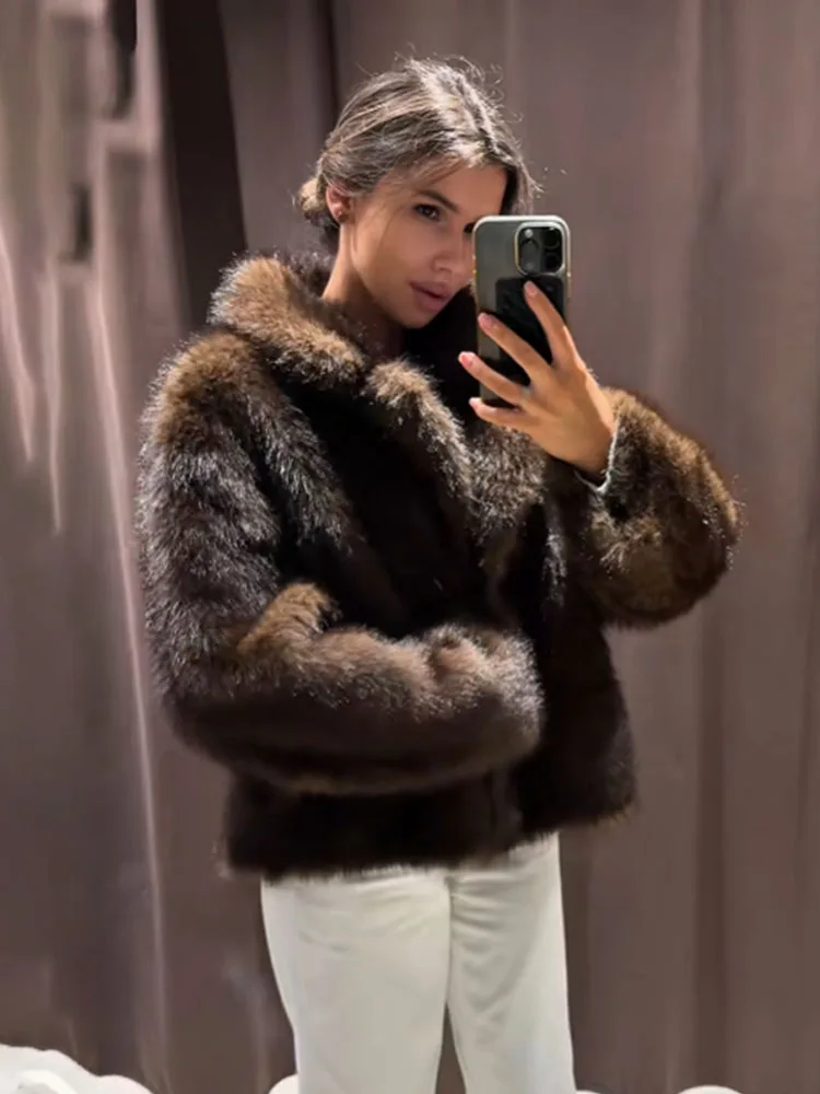 HH Dames Revers Knoppen Zak Lange Mouwen Warm Uitloper Omkeerbaar Nepbont Effect Jas Damesmode Casual Straatjas