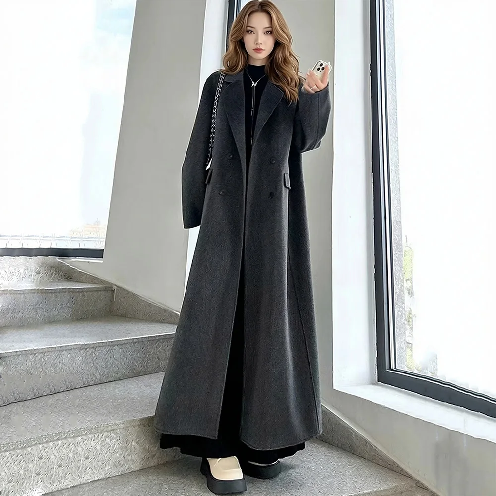 New Women Autumn Winter Long Wool Coat Fashion Turn-down Collar Double Breasted Loose Woolen Coat Casual Daily Wool Blends Coat