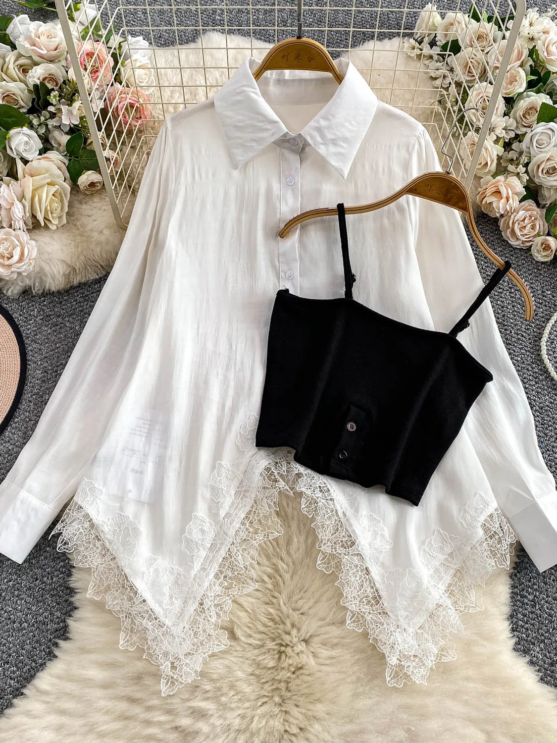 Verano fino gasa larga Sve protección solar prendas de vestir exteriores Súper Hada de las mujeres encaje irregular irt camiseta sin mangas interior coreano Sle...