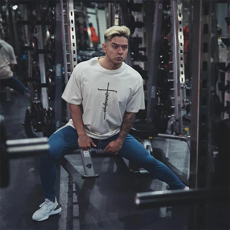 Men Summer Oversized Loose Dropped Shoulder Gym Fitness Pumping iron Bodybuilding Short Sleeve Printed Casual Top Cotton T-shirt