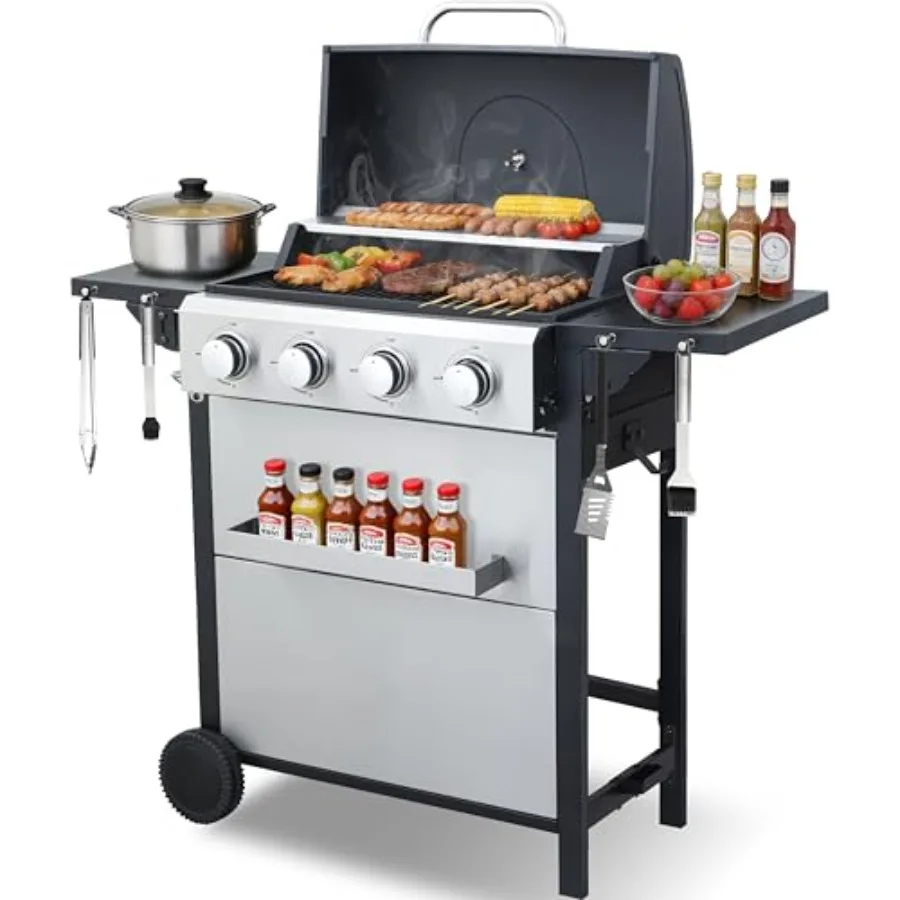 

Газовый гриль на 4 конфорки с корпусом из нержавеющей стали, эмалированными решетками, мощностью 40000 BTU, системой равномерного нагрева, простой в использовании