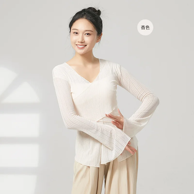 Abbigliamento da danza classica, pratica del corpo, abbigliamento per rima del corpo, elegante camicia a rete, top a maniche lunghe, da donna