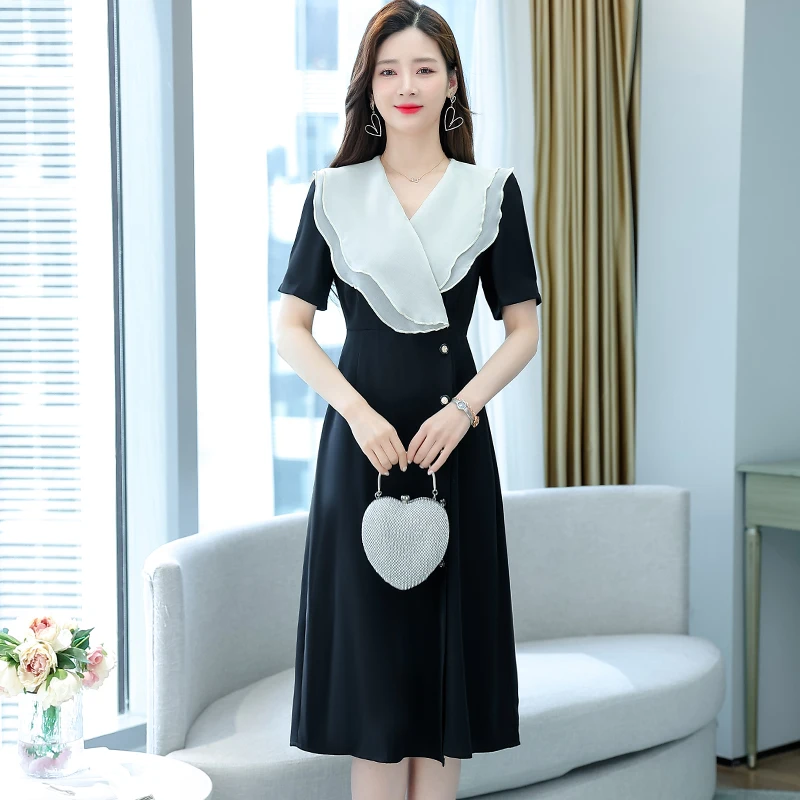 Lato z krótkim rękawem Vintage Party Maxi Vestidos damskie czarne octanowe modne sukienki Midi 2024 elegancka sukienka biurowa