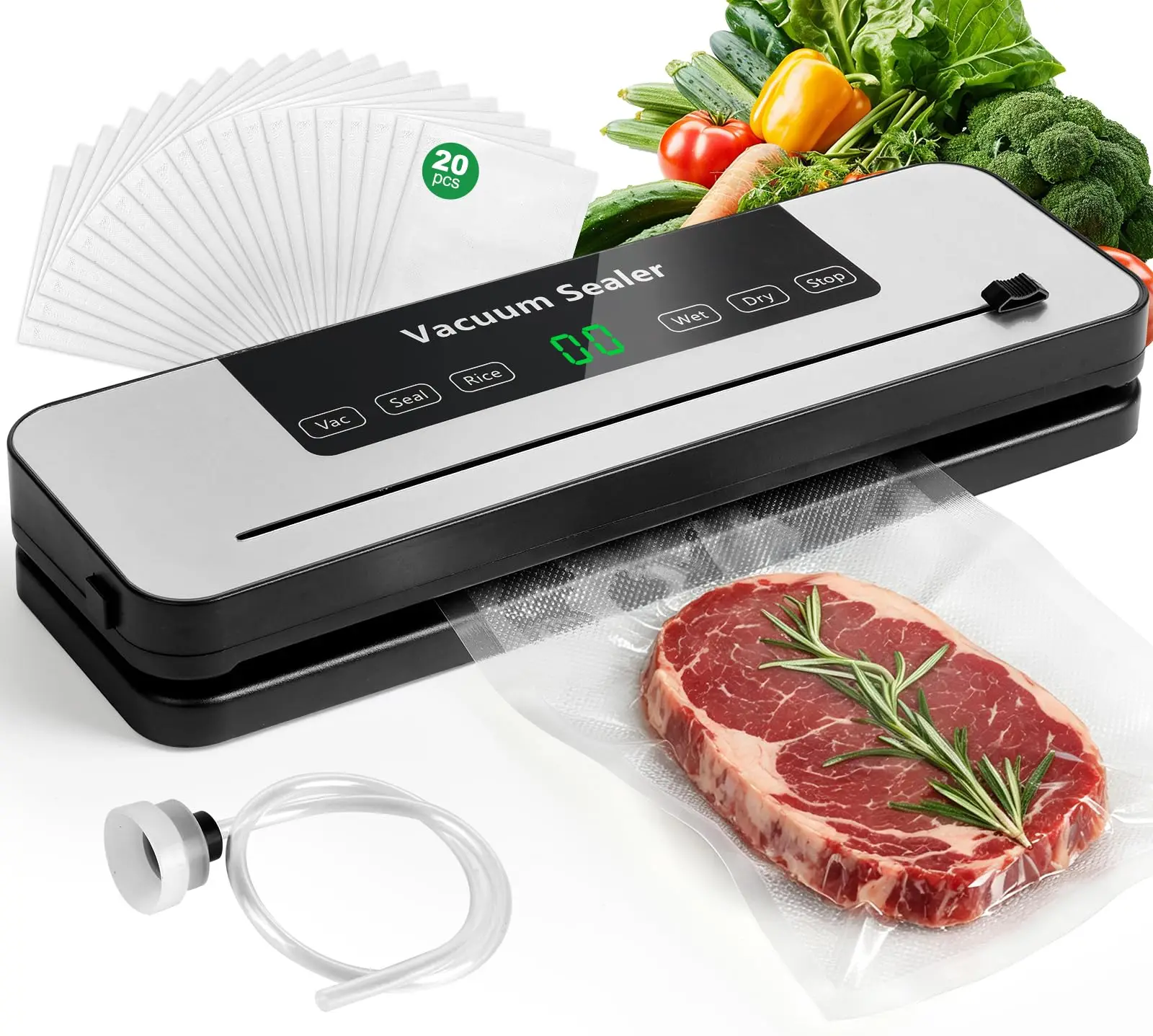 Food Vacuum Sealer Machine 6 Modes Vacuum Seal Rice Wet Dry Stop with Built in Bag Cutter Includes 20 Bags and Hose 120W Compact Slim Design for Meat Vegetables Snacks Leftovers Meal Prep Black