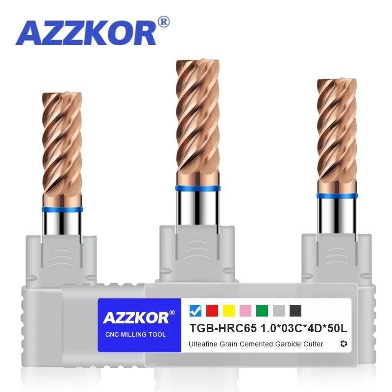 AZZKOR 6F Endmills Color-Ring Coating Tungsten Steel Carbide Flat Bottom Milling Cutter For CNC Mechanical  Tools TGB-HRC65