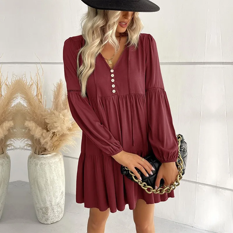 2026 New Women's Summer Skirt Long Sleeved Solid Color Patchwork Dress