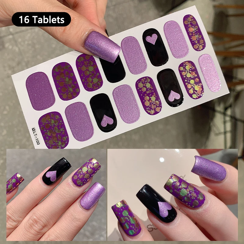 16PCS Full Cover 3D Nail Stickers Valentine Glitter Purple French Nail Art Sticker Full Nail Wraps DIY Manicure Nail Art Makin