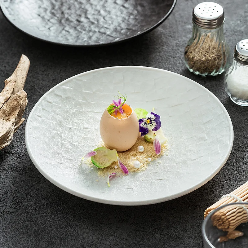 

Nordic Grid Texture Ceramic Dinner Plate Round Matte Rock Pattern Cooking Plate Household Vegetable Dish Hotel Tableware Kitchen
