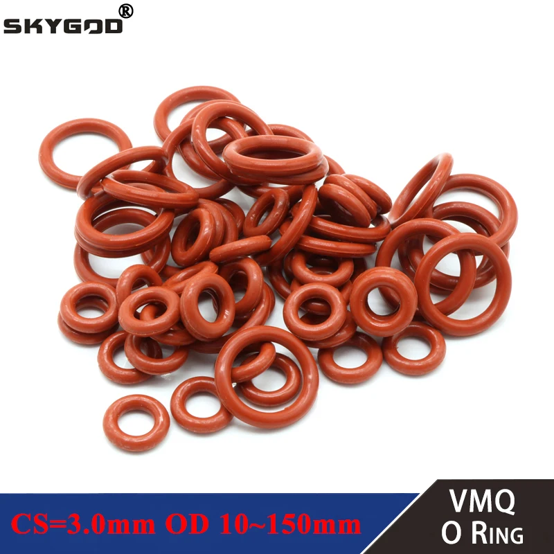 10pcs VMQ O Ring Gasket CS 3mm OD 9 ~ 205mm Waterproof Washer Silicone Rubber Insulate Round O Shape Seal Red Food Grade