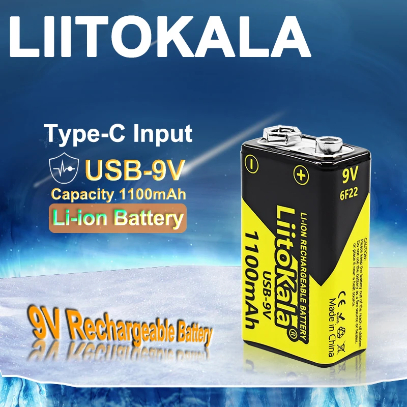 LiitoKala USB-9V 1100mAh batería recargable de iones de litio carga tipo C para multímetro micrófono juguete Control remoto uso KTV