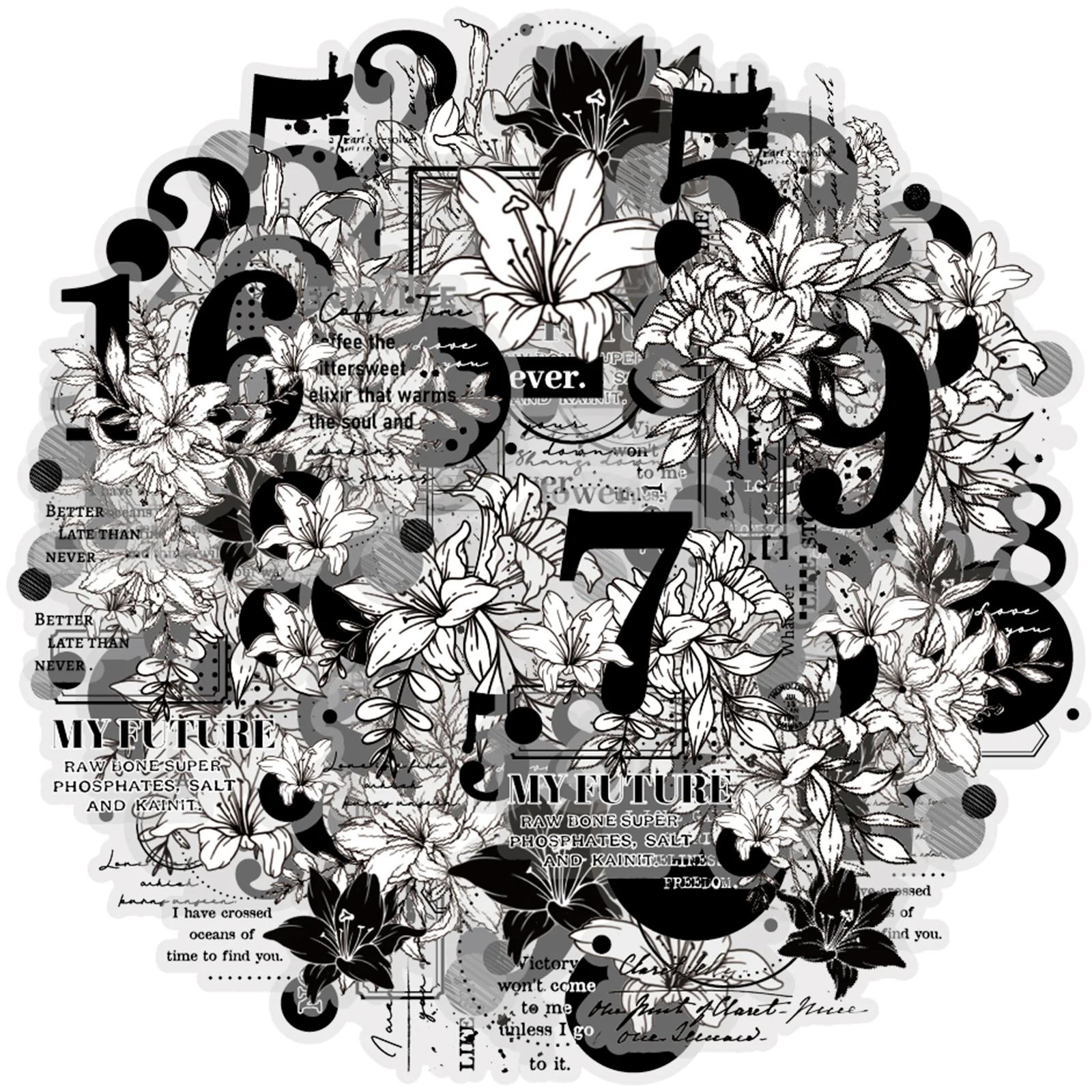 Etori Life 10Pcs Black and White Line Drawing Flowers Arabic Numerals Pet Stickers for Albums, Journals, Handmade Decorations, Suitable for Vintage Party Decorations, Laptops, Handbags, Photo Albums, Guitars, Pencil Cases, Pen Holders, Handmade Scrapbooking Supplies, Office Decor Accessories, Gift Paper Bags, Room Decorations, DIY Crafts, School Supplies, Back-To-School Season, Cycling Decals