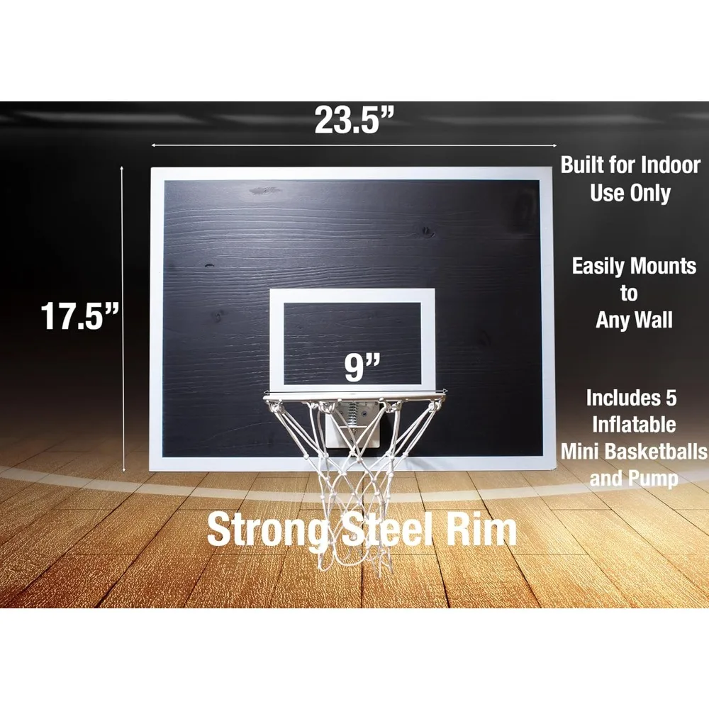 مجموعة طوق كرة سلة صغيرة مع طوق 9 بوصات و5 كرات، حامل جداري من الخشب الصلب، ديكور رياضي داخلي لمتعة العائلة #2
