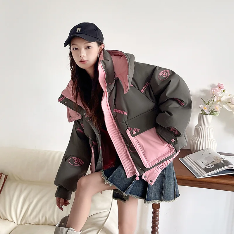 الشتاء الأبيض بطة أسفل السترات الدافئة المرقعة مقنعين أسفل سترة المرأة جيب كبير سميكة مبطن سترة أبلى معطف