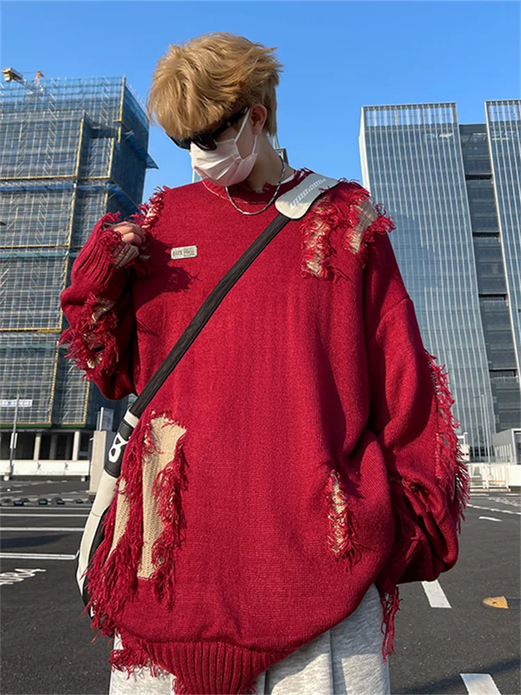 

Мужской вязаный свитер High Street, повседневный, свободного кроя, с длинными рукавами, круглым вырезом, модный, с дизайнерскими прорезями, в стиле хип-хоп, винтажный, ла-стиль