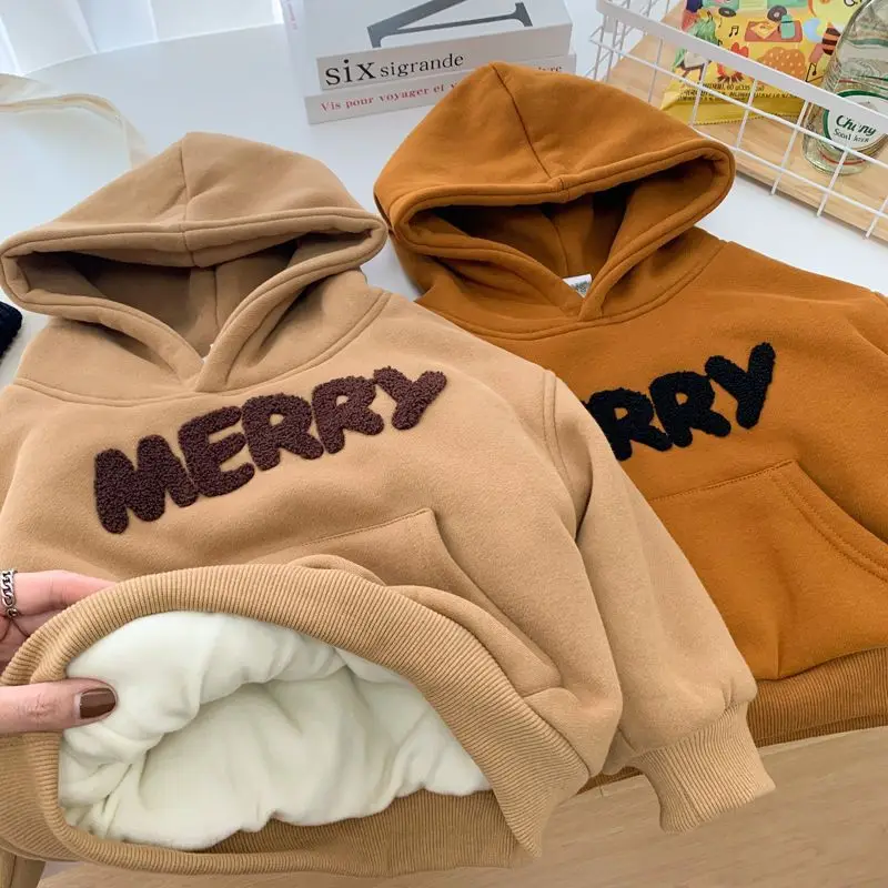

New Winter Toddler Girls Hoodies Letter Jacquard Plus Fleece Kids Baby Girls Sweatshirt Hooded Thicken Little Boys Pullovers