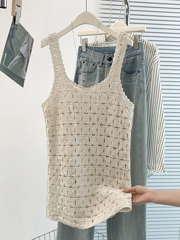 Vacation Style Knitted Hooked Hollow out U-Neck Women's Vest Summer 2026 Bohemian Backless Strap Top Breathable A-Line Design