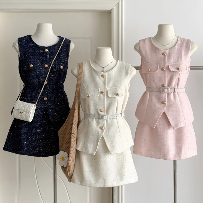 

French Elegant Lady Small Fragrance Tweed 2 Piece Sets For Women Summer Sweet Chic Coat Vest Tops Short Skirt Two-Piece Set