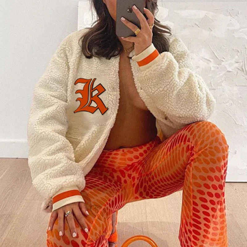 2024 Autumn New Women Fashion Letter Embroidery White Orange Contrast Stitching Loose Stand-up Collar Lamb Velvet Jacket Jacket