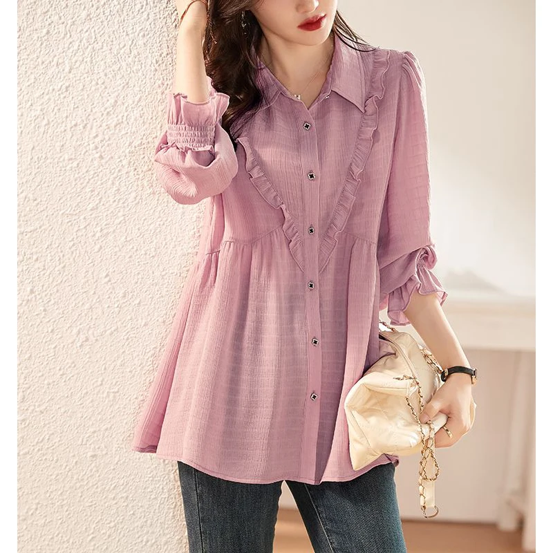 Pink Sweet Ruffle Chic Casual Street Button Shirts Korean Fashion Elegant Loose Long Sleeve Tunic Top Blouse Women Blusas Mujer