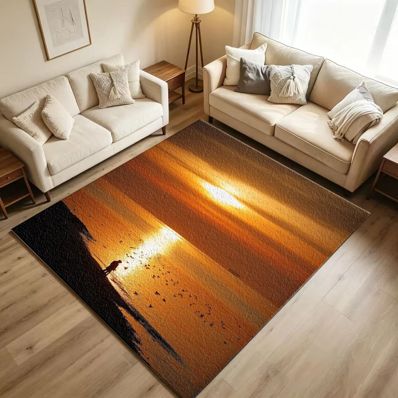 Golden Sunset Beach Human Silhouette Birds Scenery carpet flooring Ocean Landscape Rug