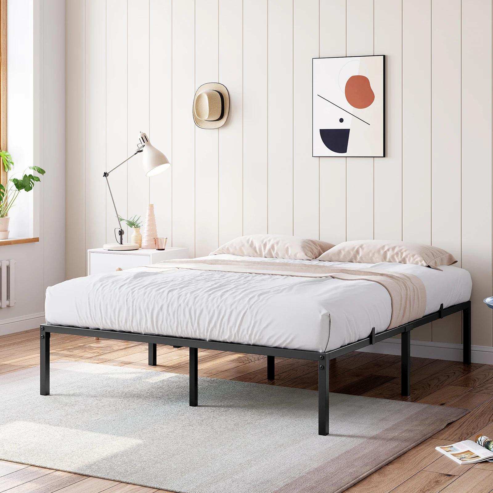 إطار سرير معدني حديث بحجم مزدوج/كامل/كوين، لا حاجة إلى صندوق زنبركي، هيكل فولاذي معزز مع شرائح معدنية شديدة التحمل