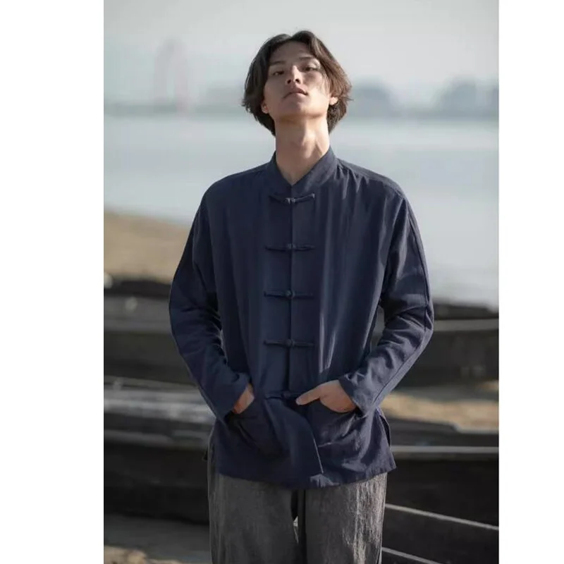 Chinese Traditional Tang Dynasty Hanfu For Men Ethnic Style Shirt Standing Collar Blouse Cotton Linen Kungfu Wuxia Jacket Tops