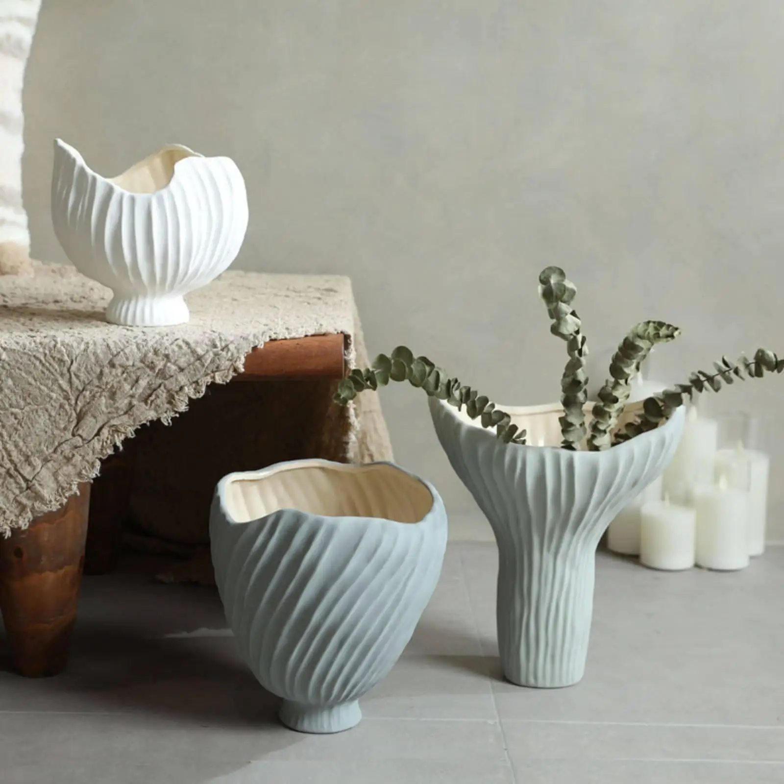 Contemporary Ceramic Vase Wavy Texture Hand Painted Detail Versatile Bouquet Holder for Console Table