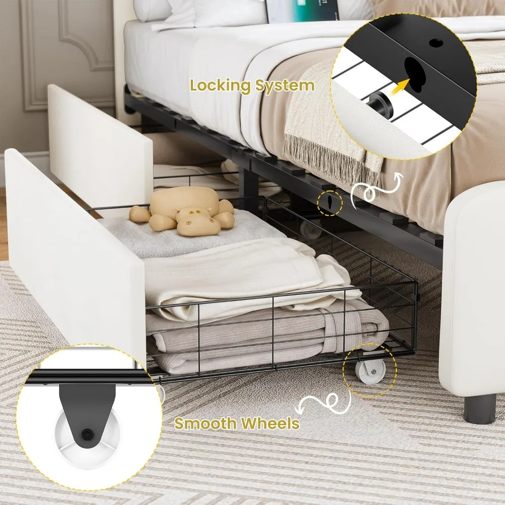 "إطار سرير مخملي بالحجم الكامل مع 4 أدراج تخزين، سرير بمنصة قابلة للتعديل مع إضاءة LED" #5