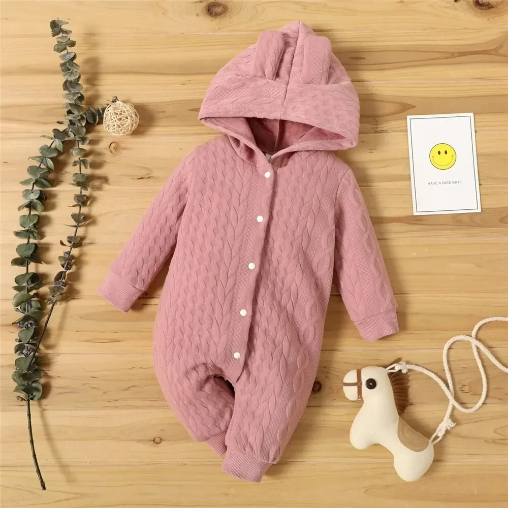 

0-18M Unisex Autumn Winter Newborn Romper - Warm Hooded Long-Sleeve Solid Toddler Bodysuit