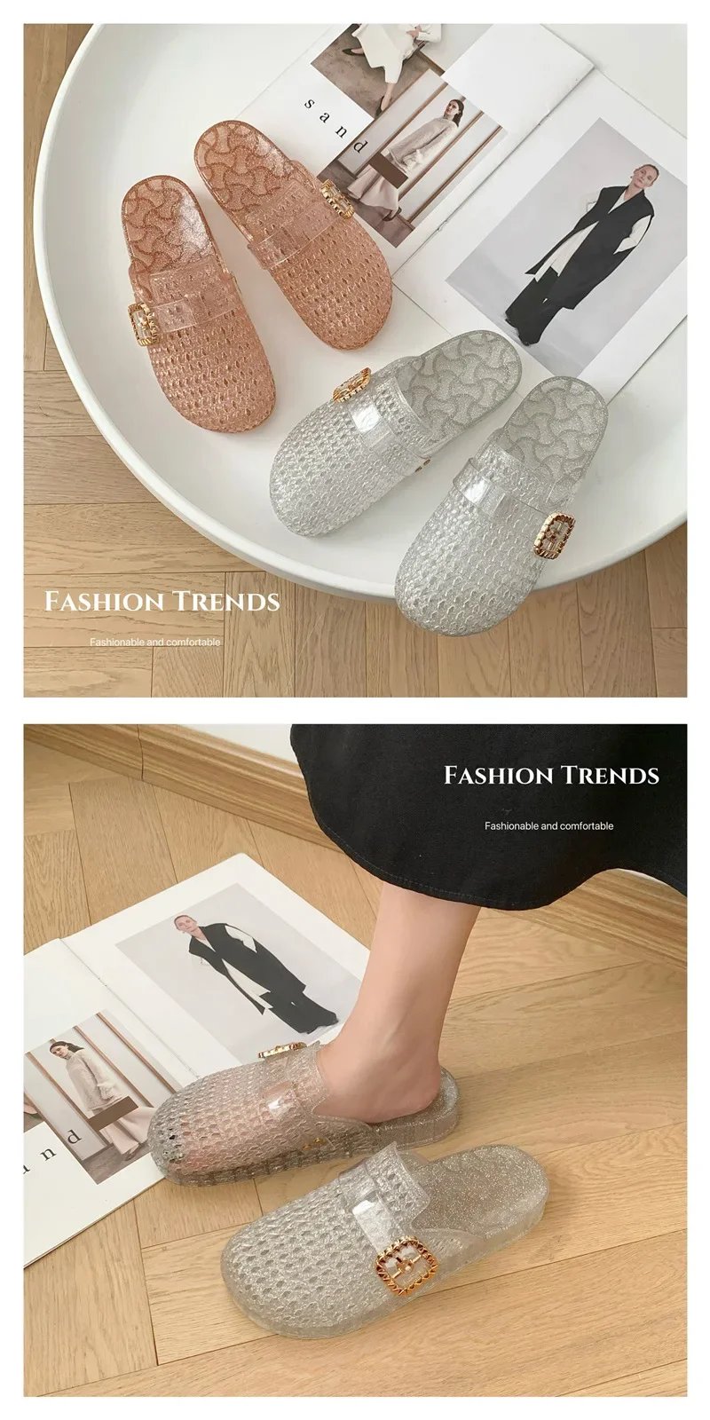 2026 Damen Jelly-Kristall-Pantoletten mit offener Zehenpartie, neuer Sommerstil, modische Damen-Strandsandalen, hohles Design, rutschfest. – Detail 8