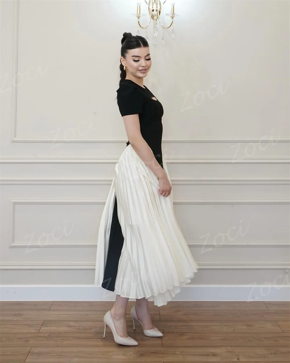 Zoci Semplice Piega A Line Abiti da ballo Manica corta Personalizzato Abito da sera da donna Abito da sera per occasioni formali bianco nero