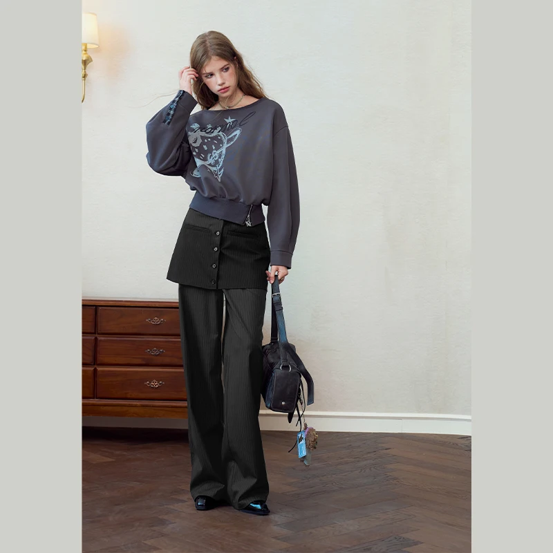 ELFSACK Women's High Waist Wide Leg Pants with Pinstripe Fake Two-Piece Design, Loose Fit Straight Trousers for Everyday Work
