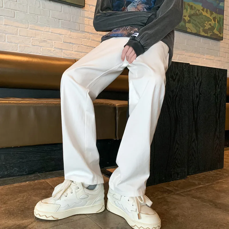 

White Straight Leg Jeans Men's Summer Thin Casual Pants Drapey Lightweight Classic Straight Cut Long Trousers for Youth