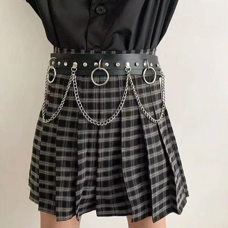 Black Punk Gothic Women Waist Belt With Silver Metal Chains O Rings Rivets Adjustable Hip Hop Harajuku Stylish Accessory Match